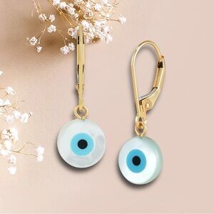 10K Gold and Blue Enamel Evil Eye Dangle Earrings